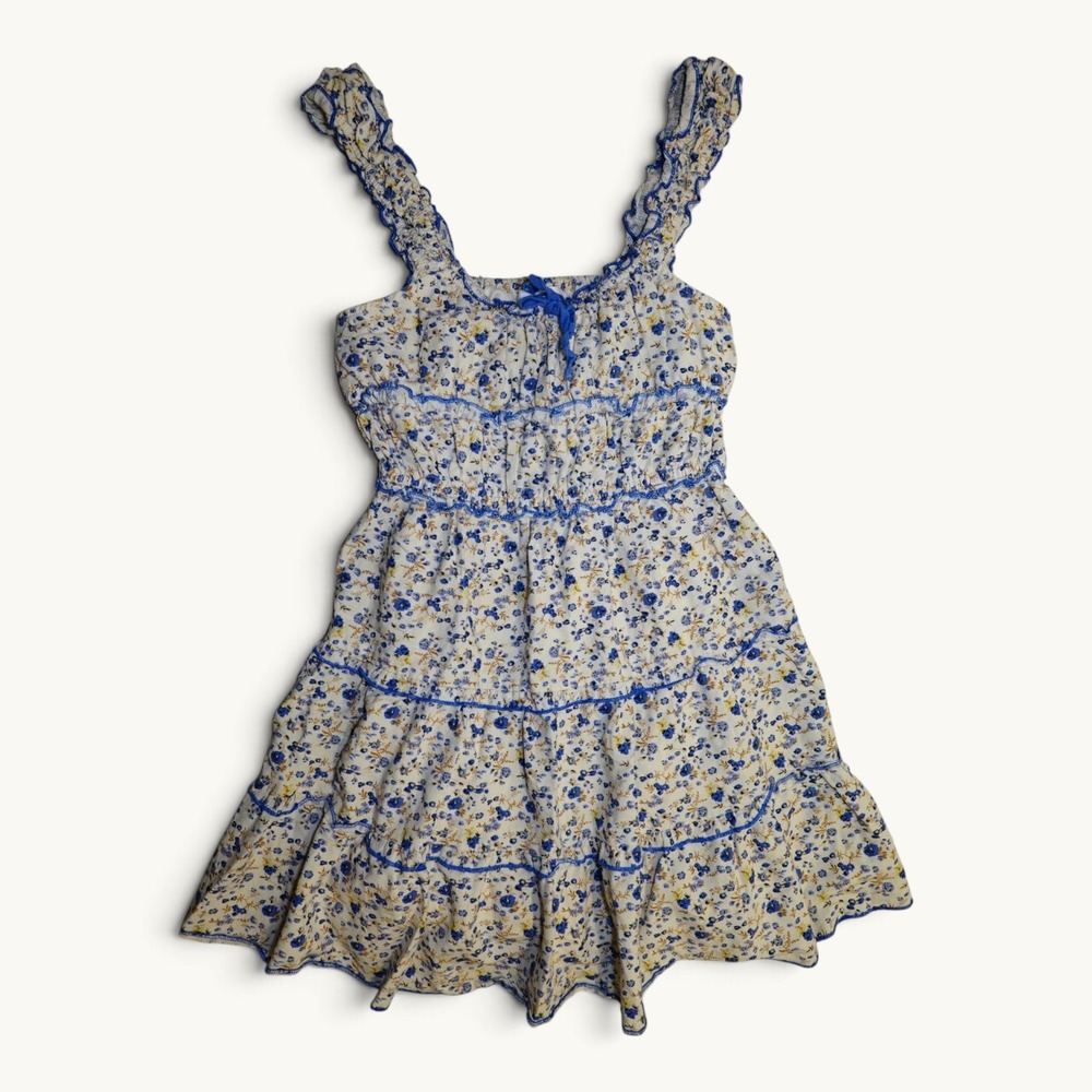 Japna‎ Blue Floral Tiered Ruffle Mini Dress Size Small Cottagecore